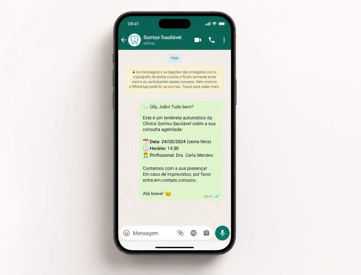 Celular exibindo lembrete automático de consulta no WhatsApp